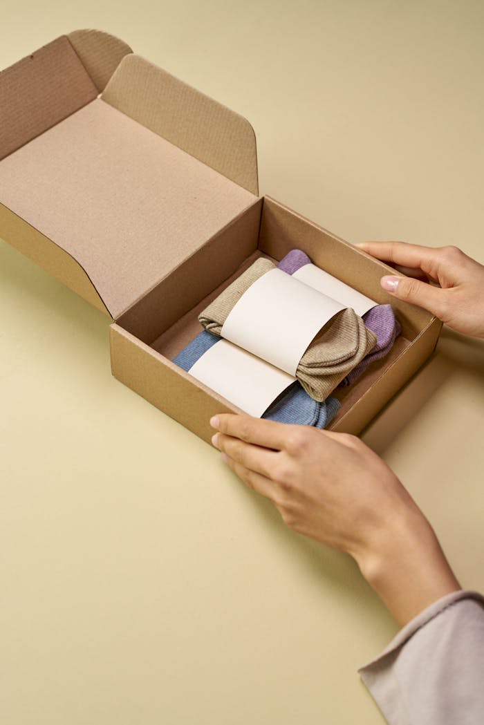 home-services-03 A woman's hands packing colorful socks into a cardboard box on a light yellow surface.