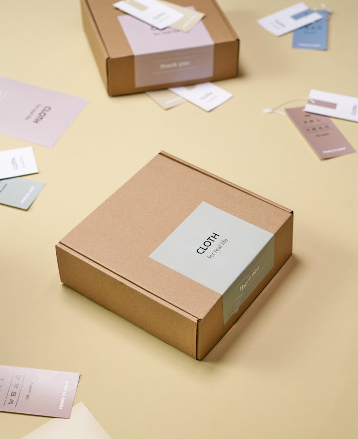 about-01 A close-up of cardboard boxes and tags on a yellow background, showcasing minimalist design.